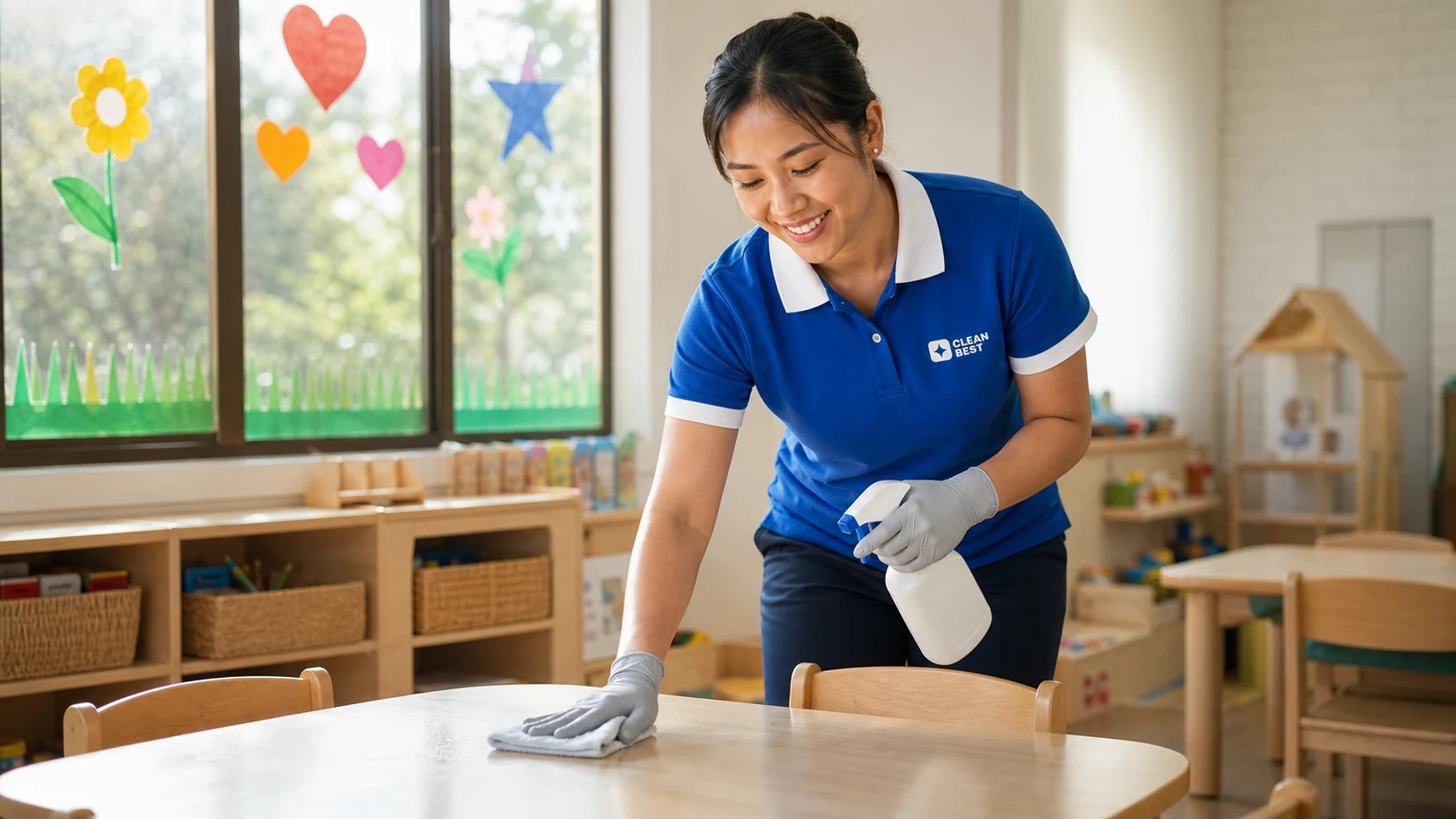 Clean Best cleaner sanitising a childcare centre playroom in Sydney NSW