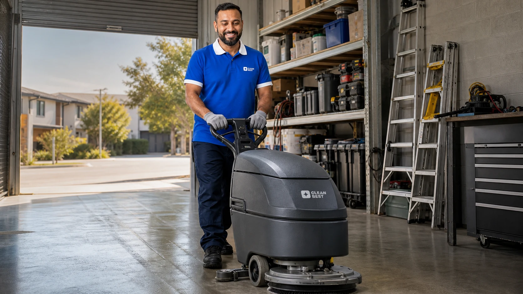 Clean Best operator scrubbing the floor of a warehouse aisle in Sydney NSW